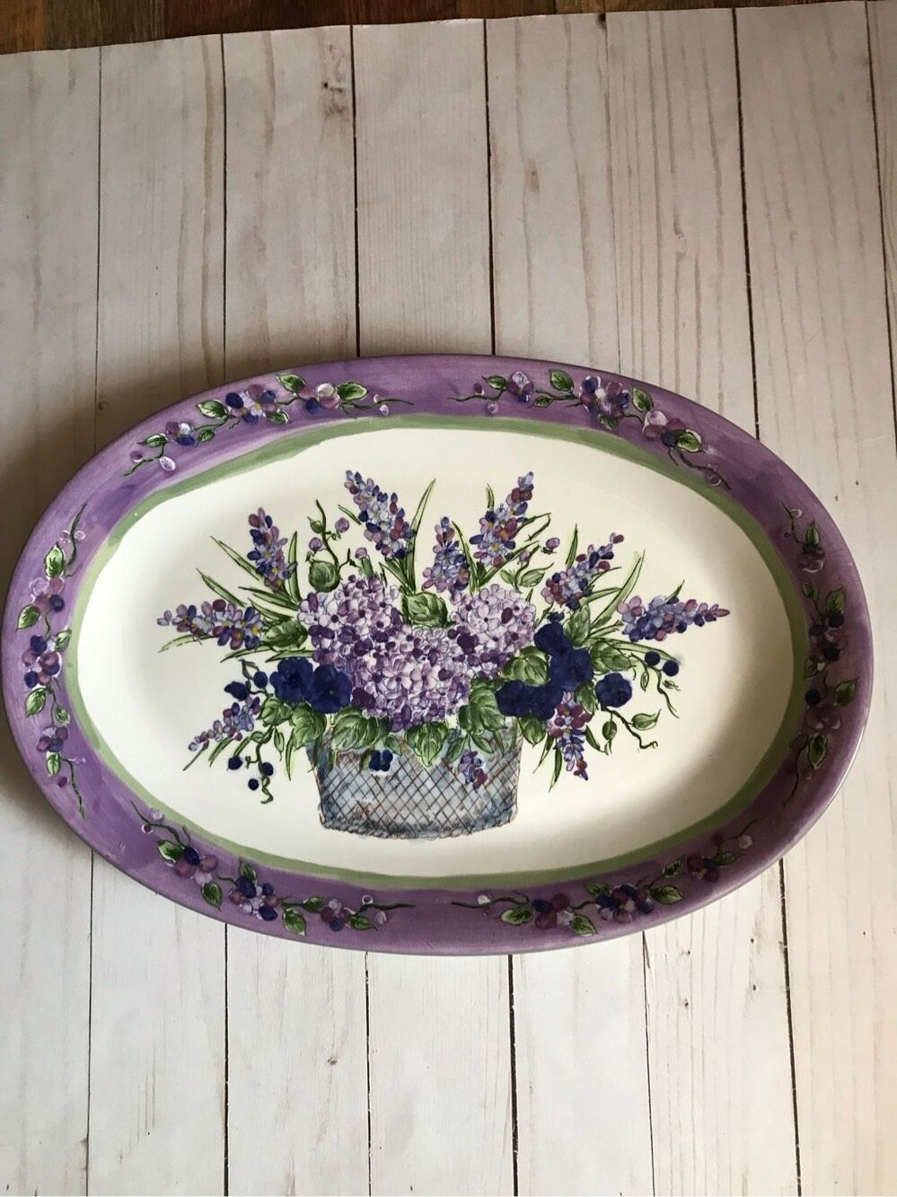 oval serving Plater ceramic plate purple floral decorative basket 14”